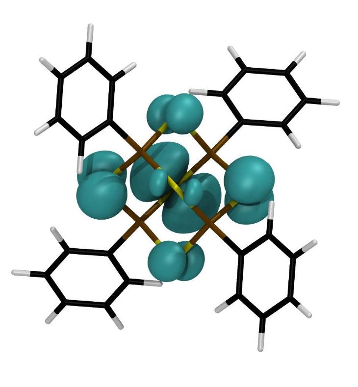 Figure 1: DFT calculated highest occupied molecular orbital of the [(PhSi)4S6]. The charge density is mostly localized at the cluster core. The knowledge of the charge distribution is essential to understand which parts of the molecular cluster are involved in the nonlinear optical processes.